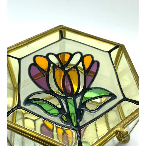 Hexagon Brass‎ and glass-stained glass lid trinket box mirrored vintage Taiwan - Picture 4 of 8